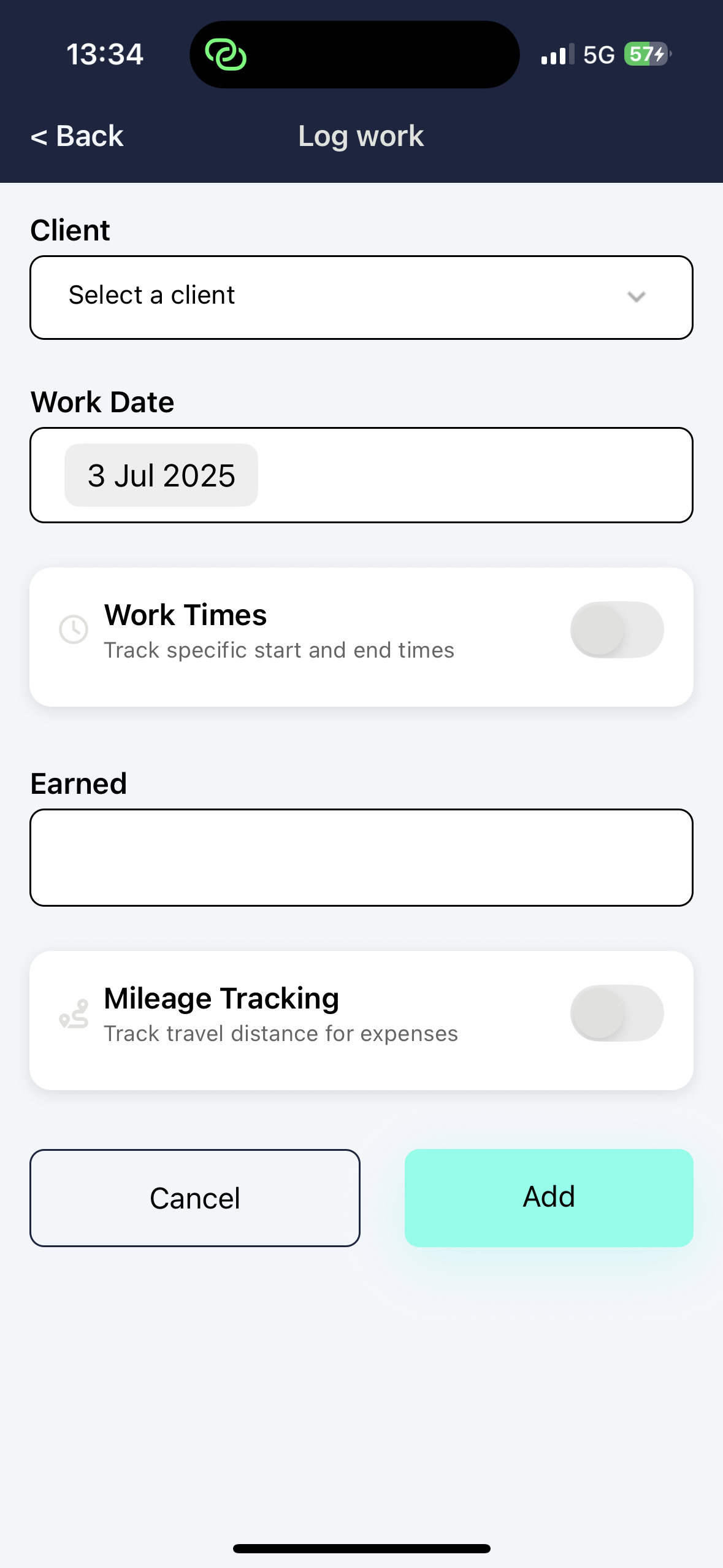 Add Work Shift Screen